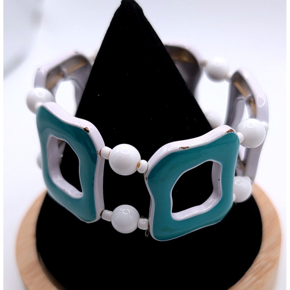 Vintage‎ Teal White Enamel Geometric Stretch Bracelet Mid Century Modern Style